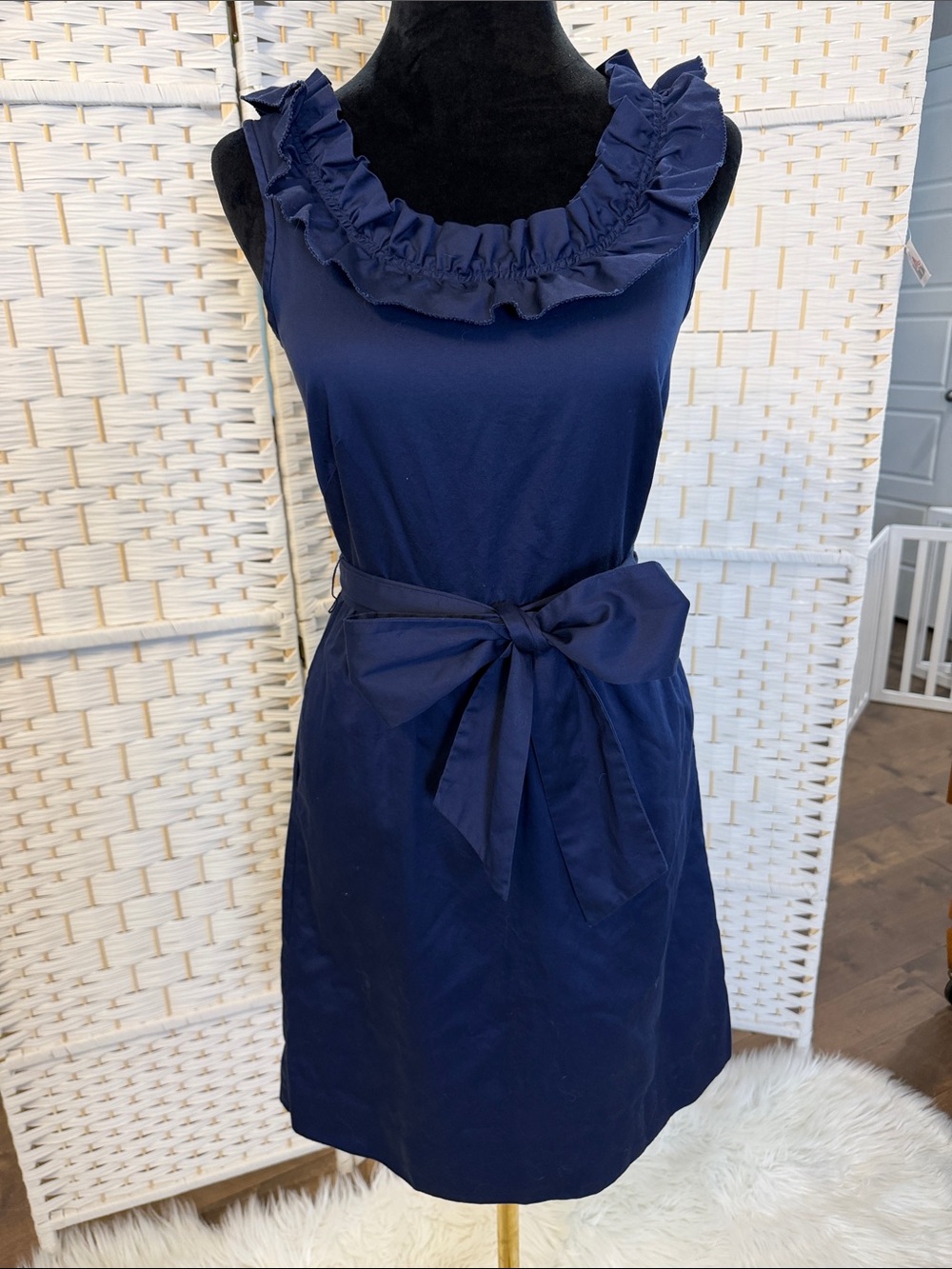 J. Crew Navy Ruffle Neck Sleeveless Tie-Waist Mini Dress